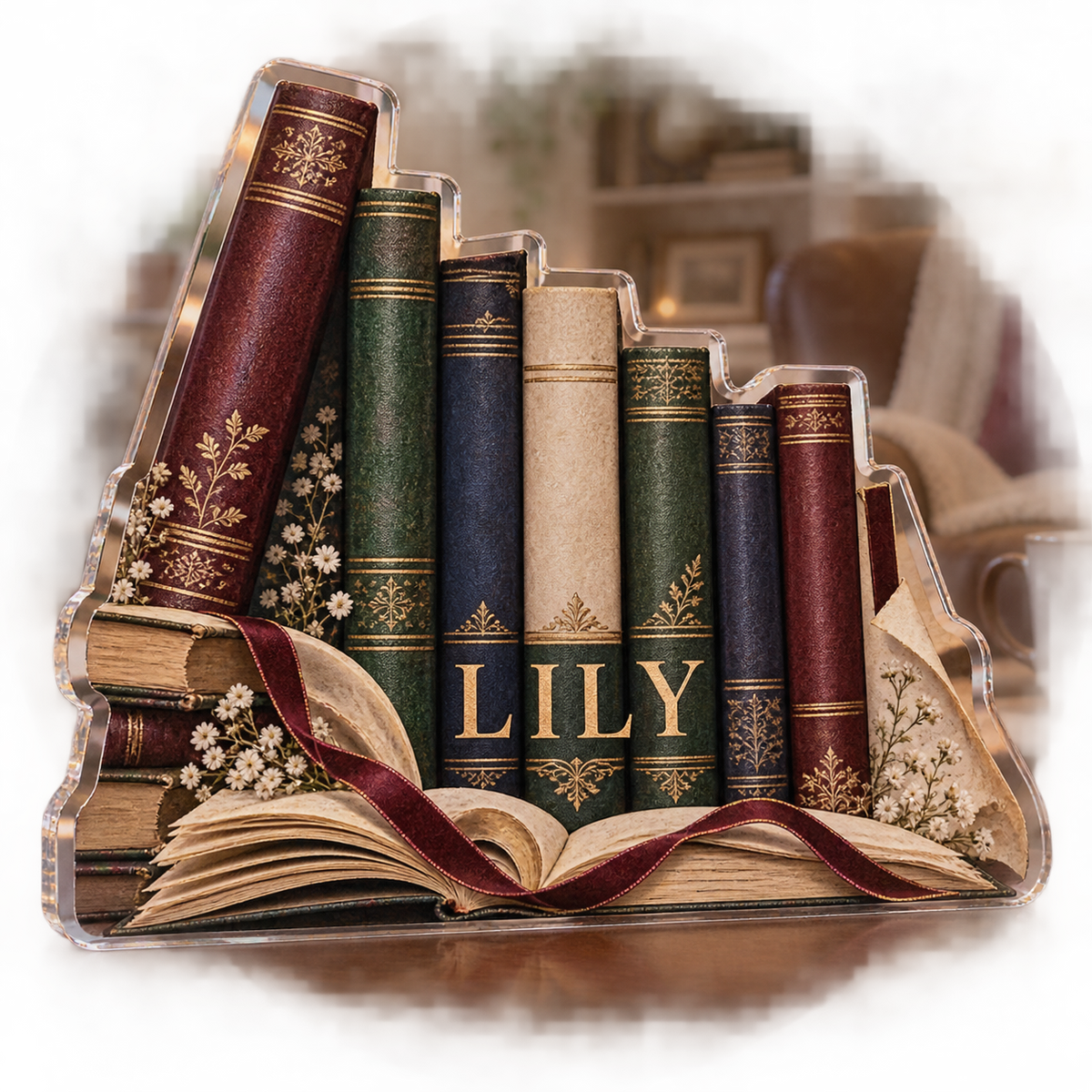 Artwork visualization: Anonymous book spines — living room focal point, personalized LILY, subject-shaped acrylic with printed optical 3D depth; not carved relief.