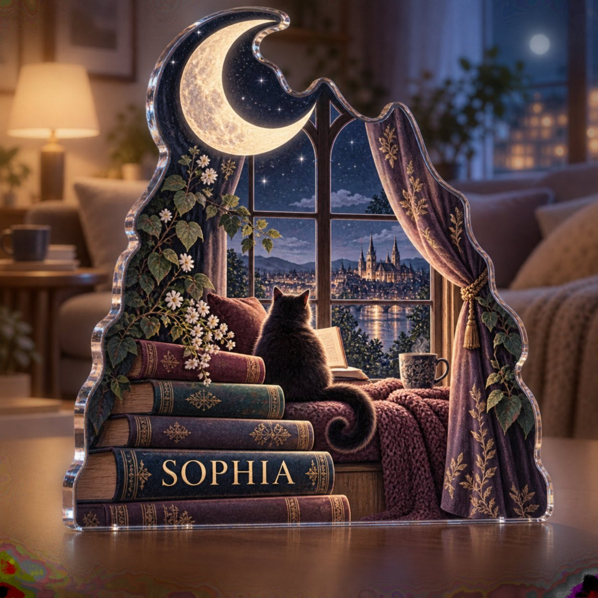 Personalized Moonlit Reading Window Living Room Focal Point custom shape acrylic plaque with an example name set into the artwork, digital preview