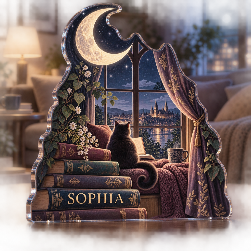 Artwork visualization: Moonlit reading window — living room focal point, personalized SOPHIA, subject-shaped acrylic with printed optical 3D depth; not carved relief.
