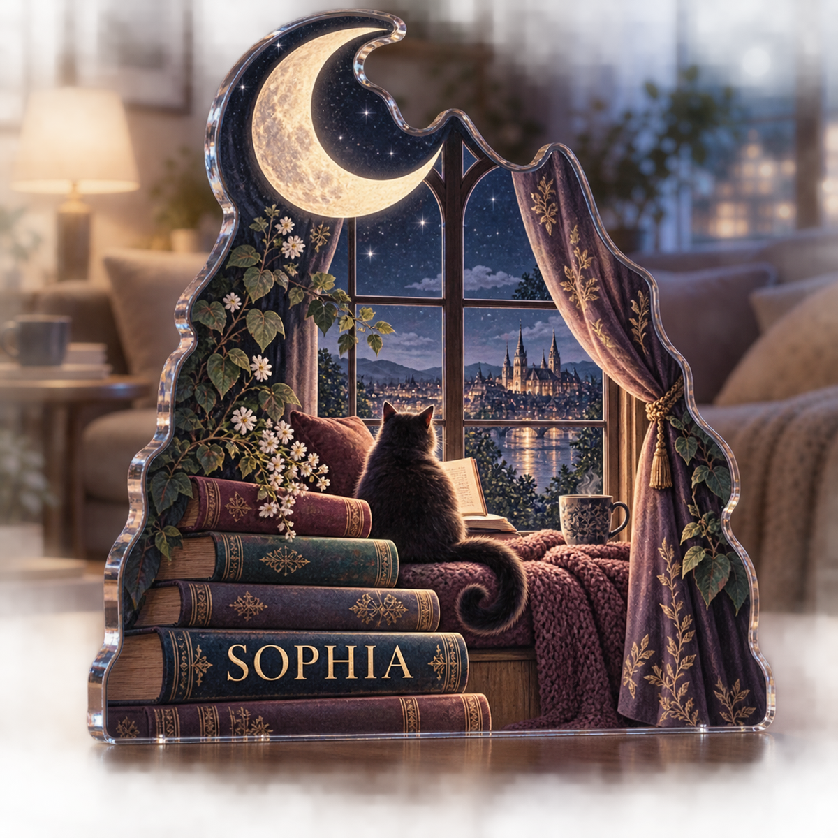 Artwork visualization: Moonlit reading window — living room focal point, personalized SOPHIA, subject-shaped acrylic with printed optical 3D depth; not carved relief.