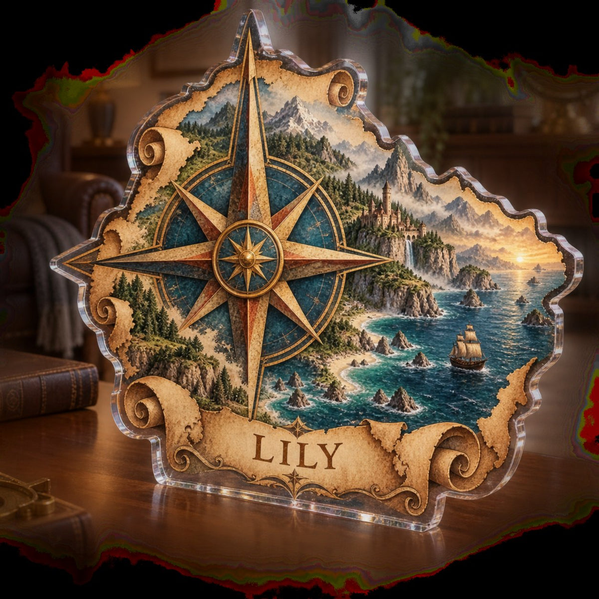 Personalized Fantasy Map Compass Living Room Focal Point custom shape acrylic plaque with an example name set into the artwork, digital preview