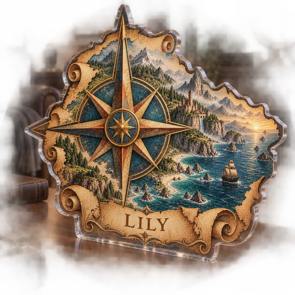 Artwork visualization: Fantasy map compass — living room focal point, personalized LILY, subject-shaped acrylic with printed optical 3D depth; not carved relief.