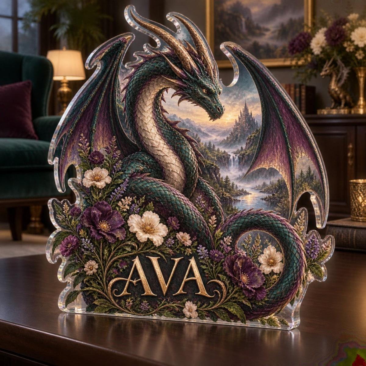 Personalized Dragon And Wildflowers Living Room Focal Point custom shape acrylic plaque with an example name set into the artwork, digital preview