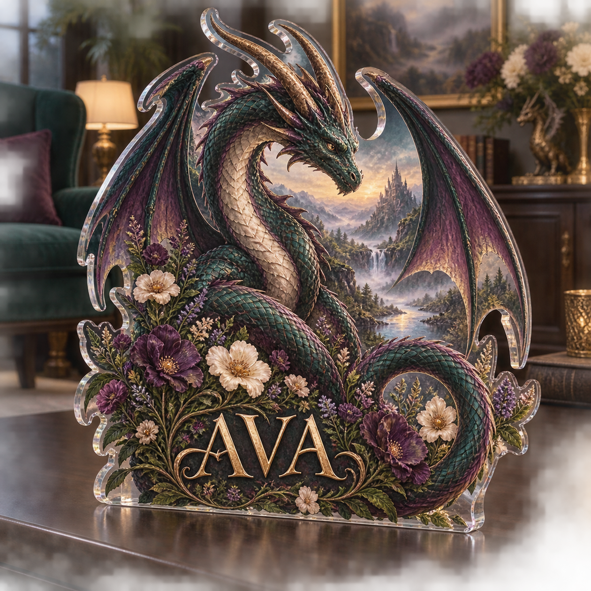 Artwork visualization: Dragon and wildflowers — living room focal point, personalized AVA, subject-shaped acrylic with printed optical 3D depth; not carved relief.