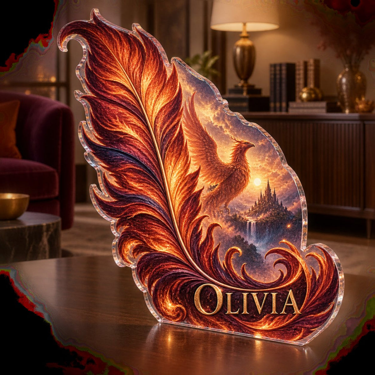 Personalized Phoenix Feather Living Room Focal Point custom shape acrylic plaque with an example name set into the artwork, digital preview