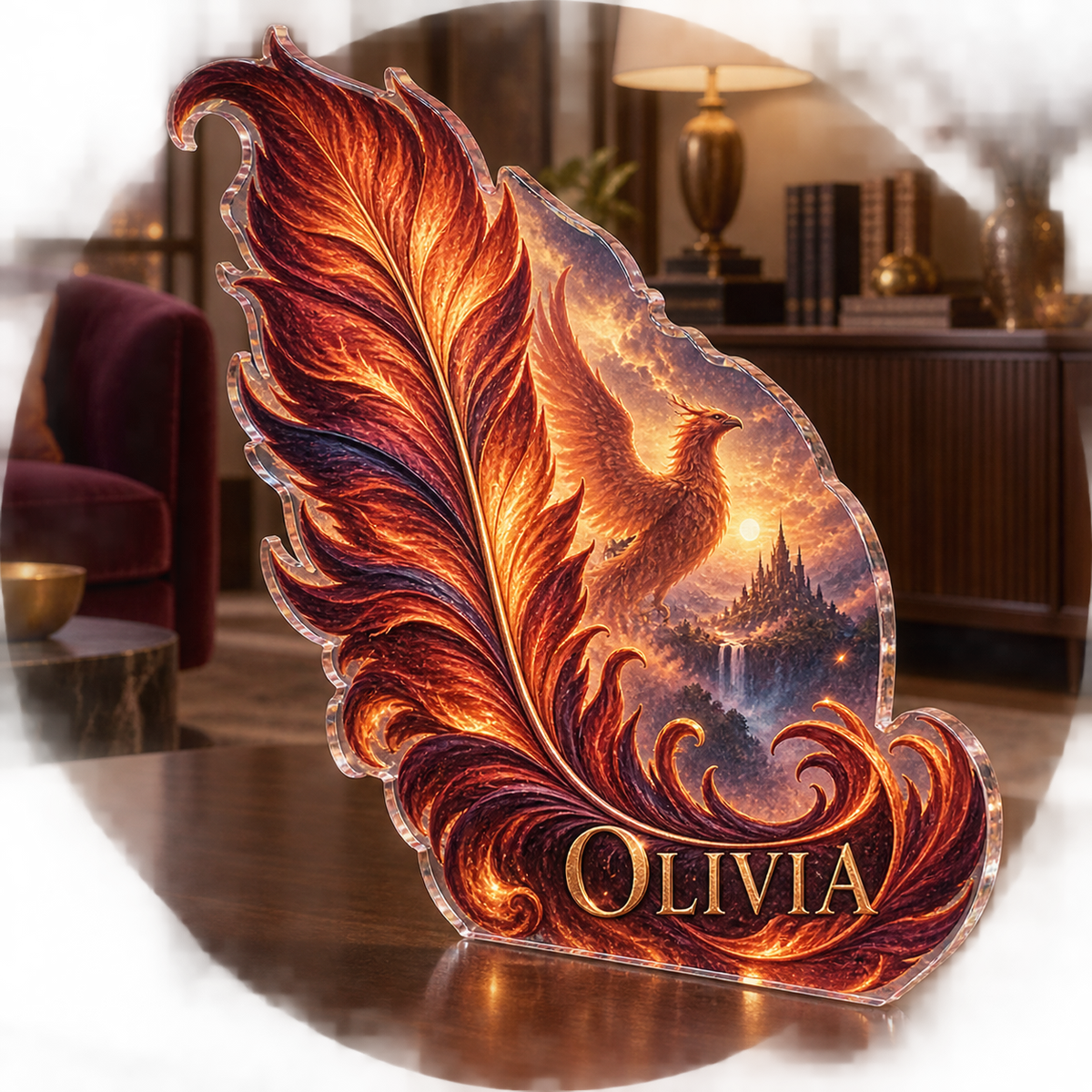 Artwork visualization: Phoenix feather — living room focal point, personalized OLIVIA, subject-shaped acrylic with printed optical 3D depth; not carved relief.