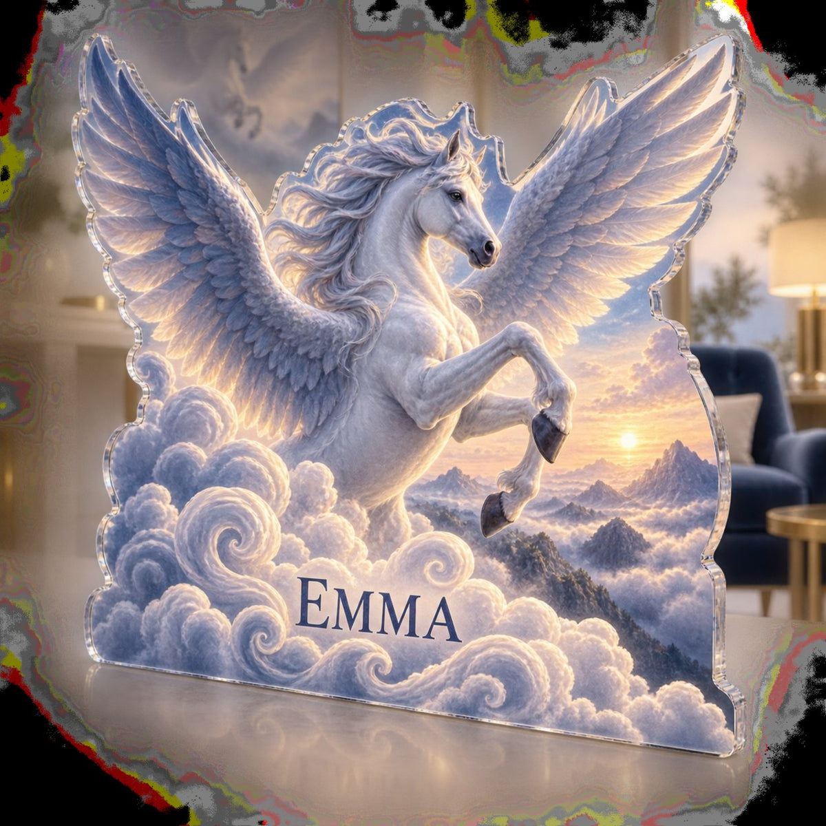 Personalized Pegasus Cloudscape Living Room Focal Point custom shape acrylic plaque with an example name set into the artwork, digital preview