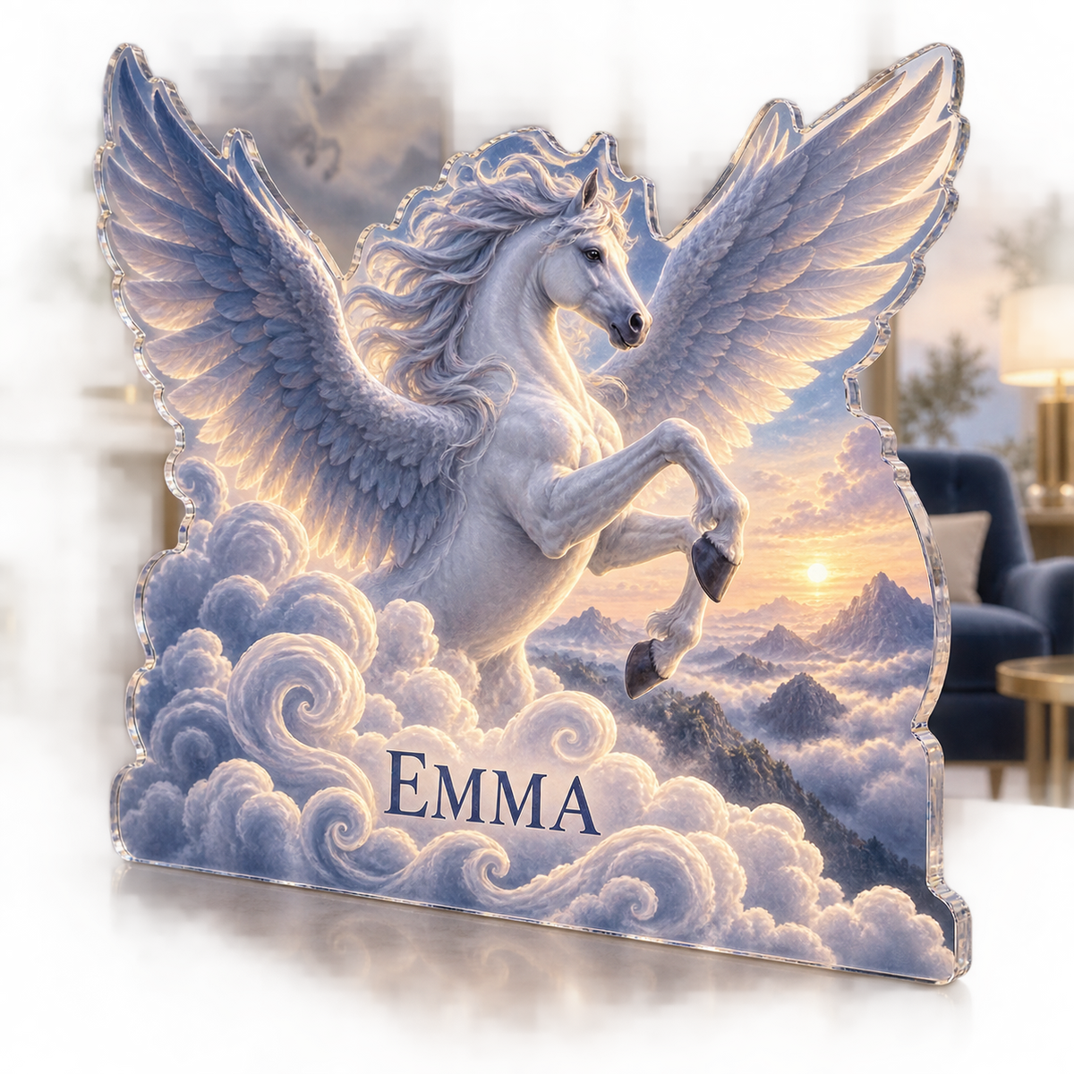 Artwork visualization: Pegasus cloudscape — living room focal point, personalized EMMA, subject-shaped acrylic with printed optical 3D depth; not carved relief.