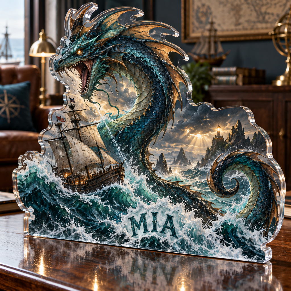 Artwork visualization: Sea serpent voyage — living room focal point, personalized MIA, subject-shaped acrylic with printed optical 3D depth; not carved relief.