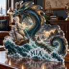 Artwork visualization: Sea serpent voyage — living room focal point, personalized MIA, subject-shaped acrylic with printed optical 3D depth; not carved relief.