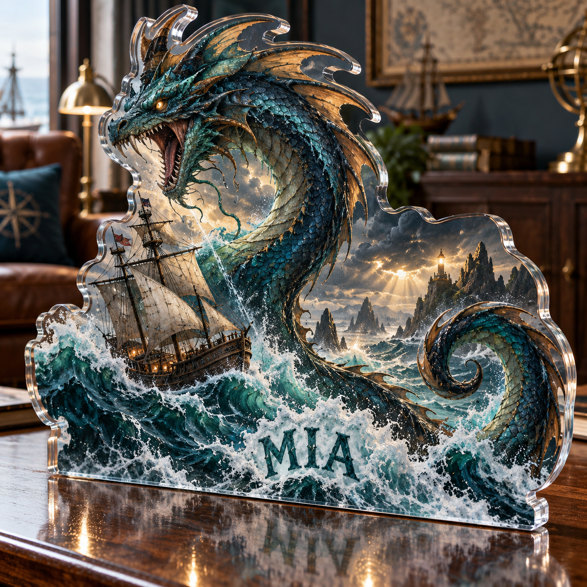 Artwork visualization: Sea serpent voyage — living room focal point, personalized MIA, subject-shaped acrylic with printed optical 3D depth; not carved relief.