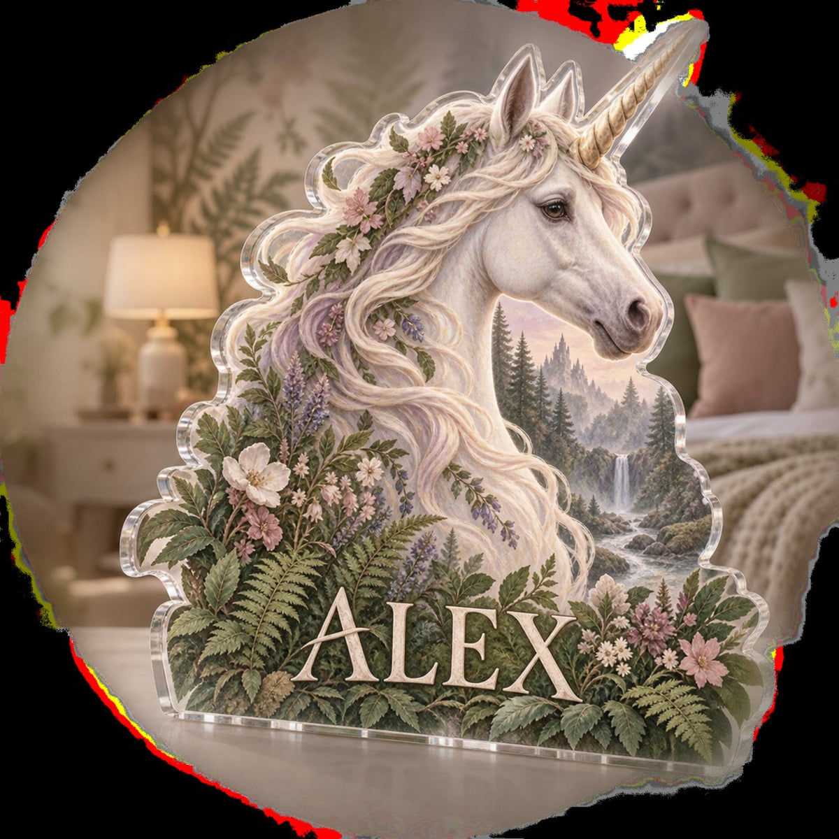 Personalized Unicorn Woodland Bedroom Statement Decor custom shape acrylic plaque with an example name set into the artwork, digital preview