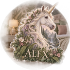 Artwork visualization: Unicorn woodland — bedroom statement decor, personalized ALEX, subject-shaped acrylic with printed optical 3D depth; not carved relief.