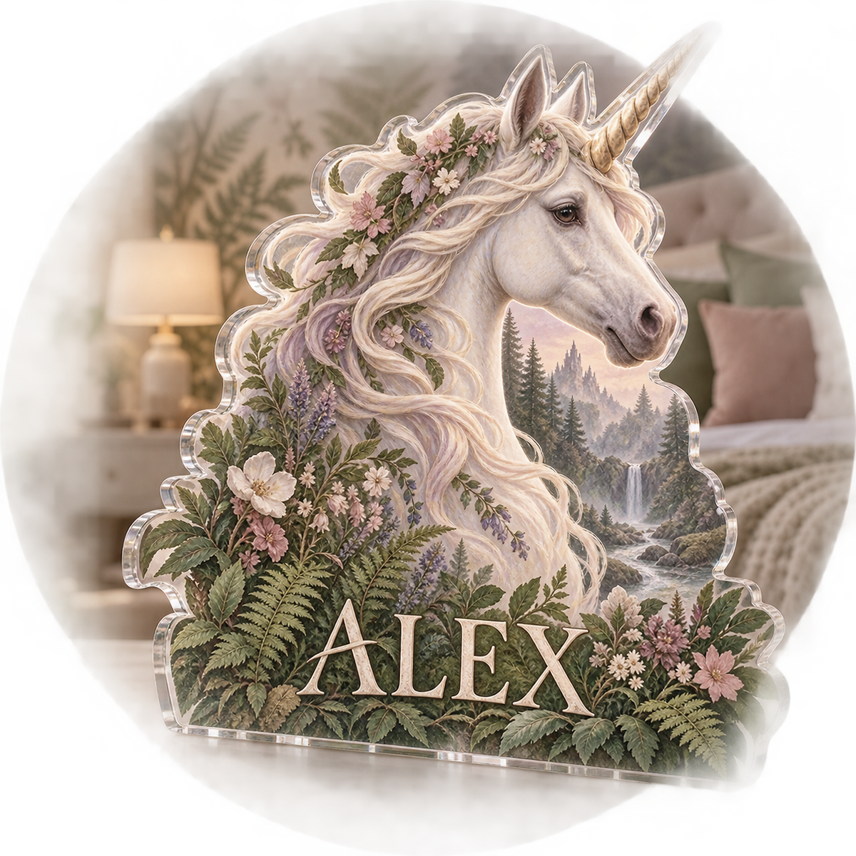 Artwork visualization: Unicorn woodland — bedroom statement decor, personalized ALEX, subject-shaped acrylic with printed optical 3D depth; not carved relief.