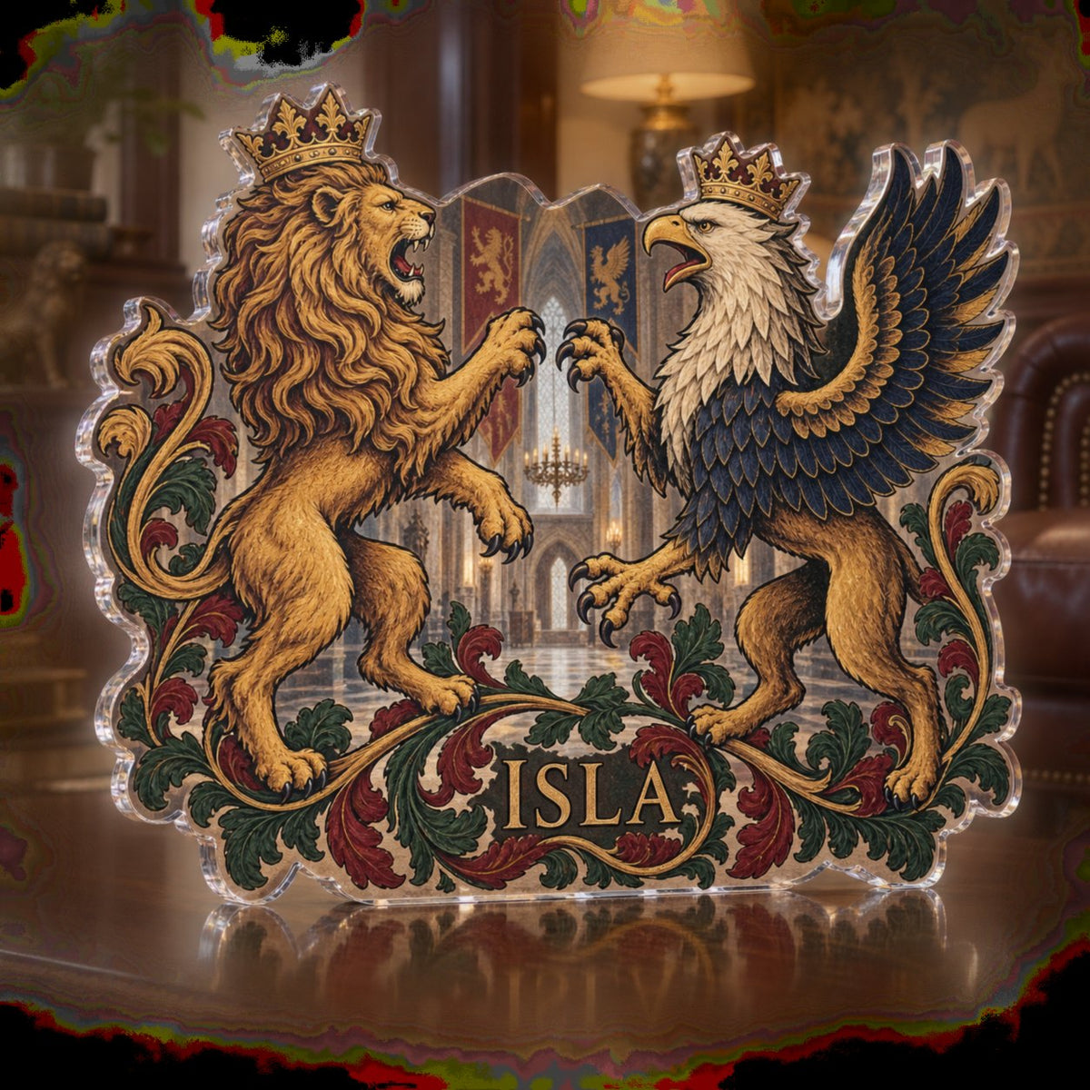 Personalized Medieval Heraldic Animals Living Room Focal Point custom shape acrylic plaque with an example name set into the artwork, digital preview