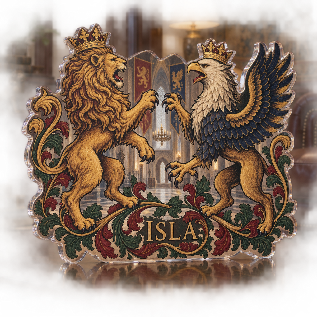 Artwork visualization: Medieval heraldic animals — living room focal point, personalized ISLA, subject-shaped acrylic with printed optical 3D depth; not carved relief.