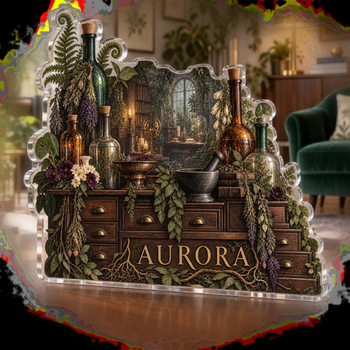 Personalized Alchemy Botanical Cabinet Living Room Focal Point custom shape acrylic plaque with an example name set into the artwork, digital preview