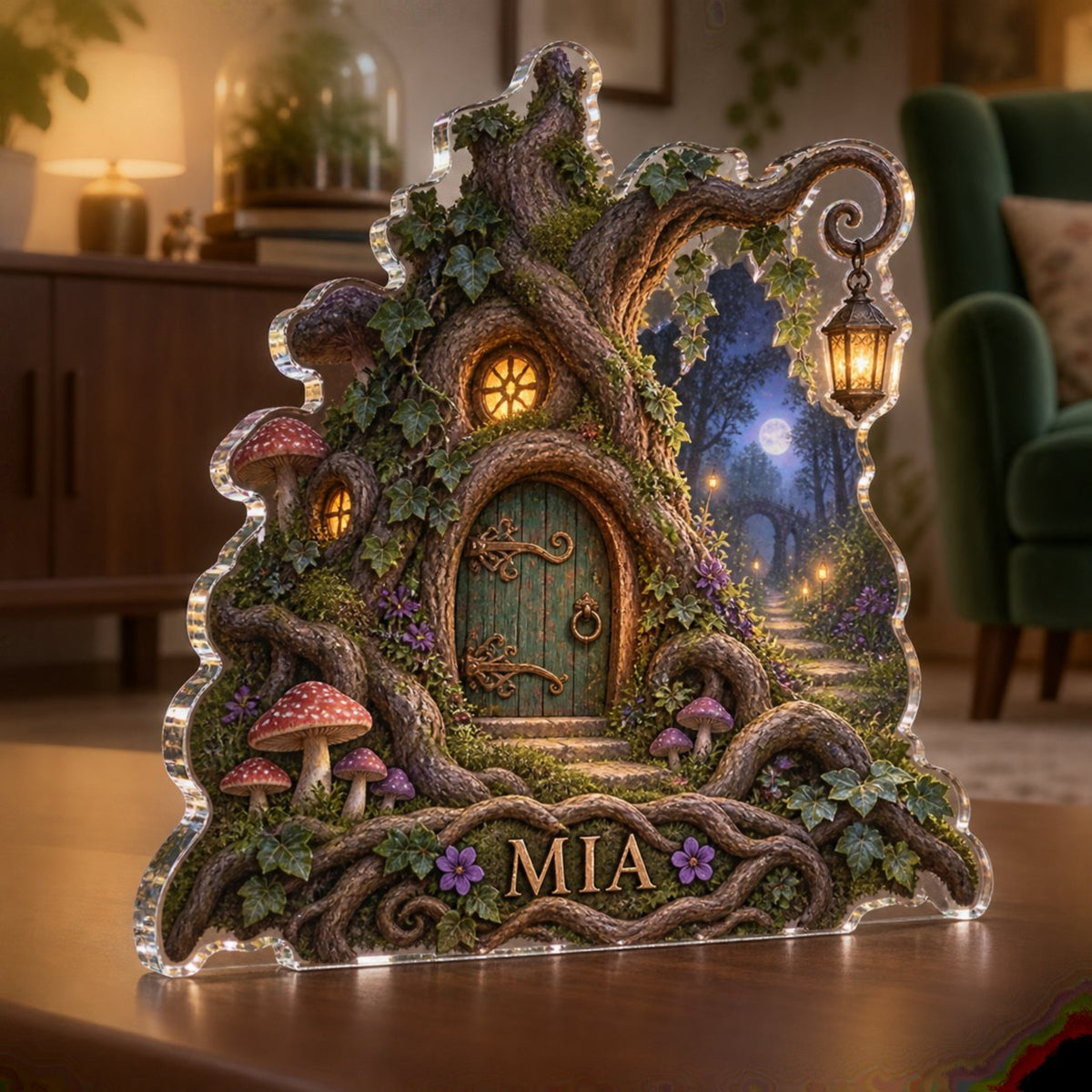 Personalized Fairy Doorway Living Room Focal Point custom shape acrylic plaque with an example name set into the artwork, digital preview