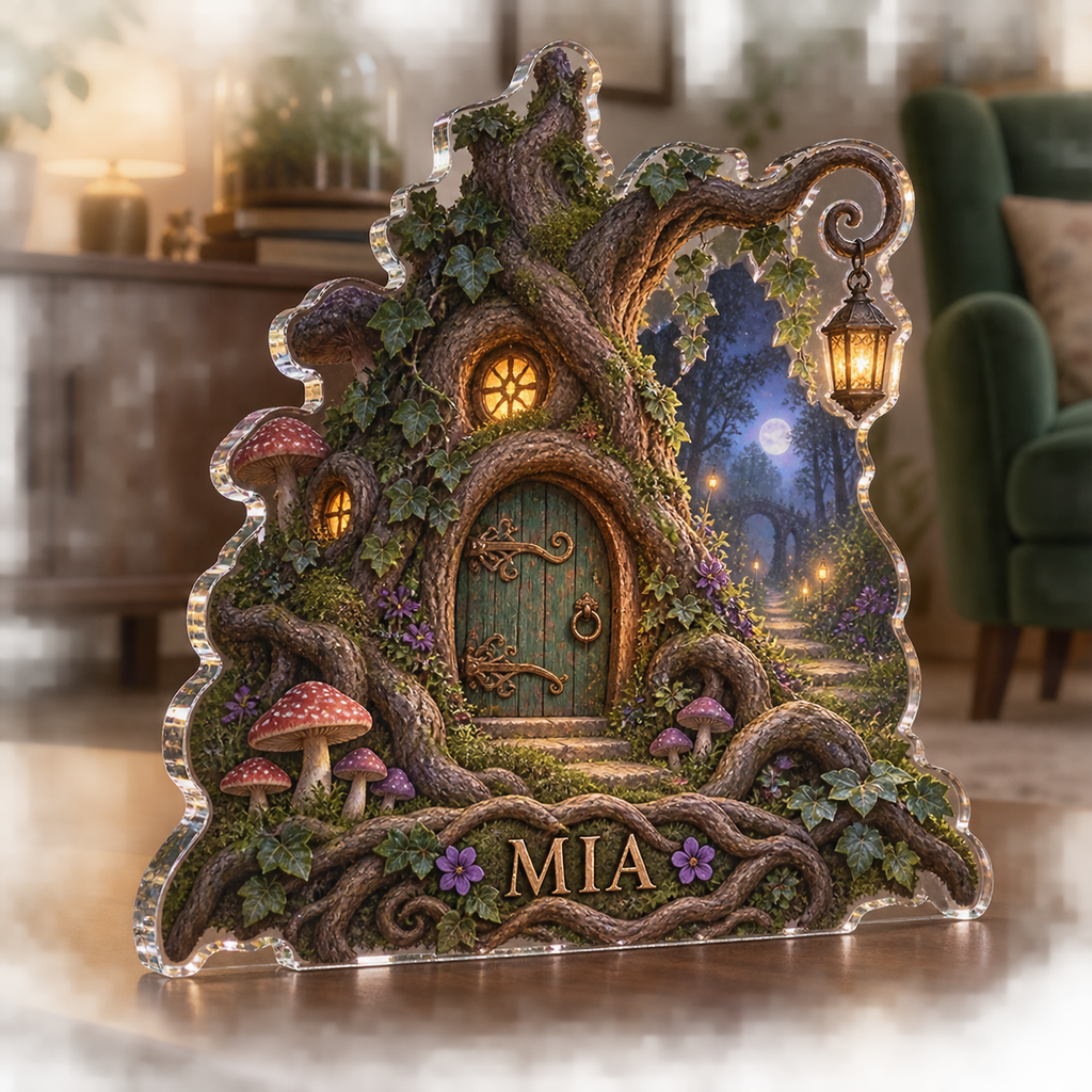 Artwork visualization: Fairy doorway — living room focal point, personalized MIA, subject-shaped acrylic with printed optical 3D depth; not carved relief.