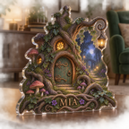 Artwork visualization: Fairy doorway — living room focal point, personalized MIA, subject-shaped acrylic with printed optical 3D depth; not carved relief.