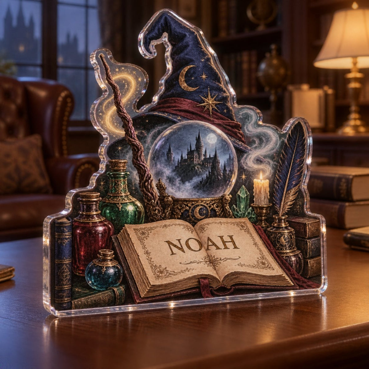 Personalized Wizard Study Objects Living Room Focal Point custom shape acrylic plaque with an example name set into the artwork, digital preview