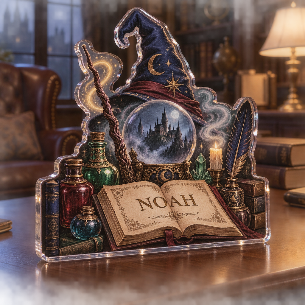 Artwork visualization: Wizard study objects — living room focal point, personalized NOAH, subject-shaped acrylic with printed optical 3D depth; not carved relief.