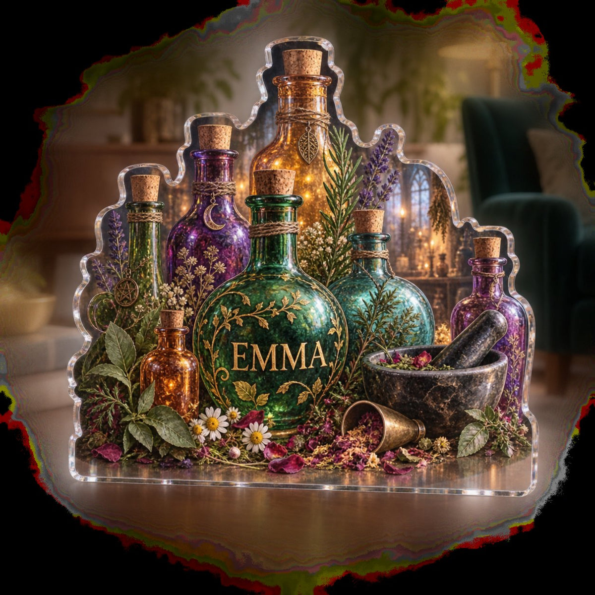 Personalized Potion Bottle Still Life Living Room Focal Point custom shape acrylic plaque with an example name set into the artwork, digital preview