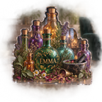 Artwork visualization: Potion bottle still life — living room focal point, personalized EMMA, subject-shaped acrylic with printed optical 3D depth; not carved relief.