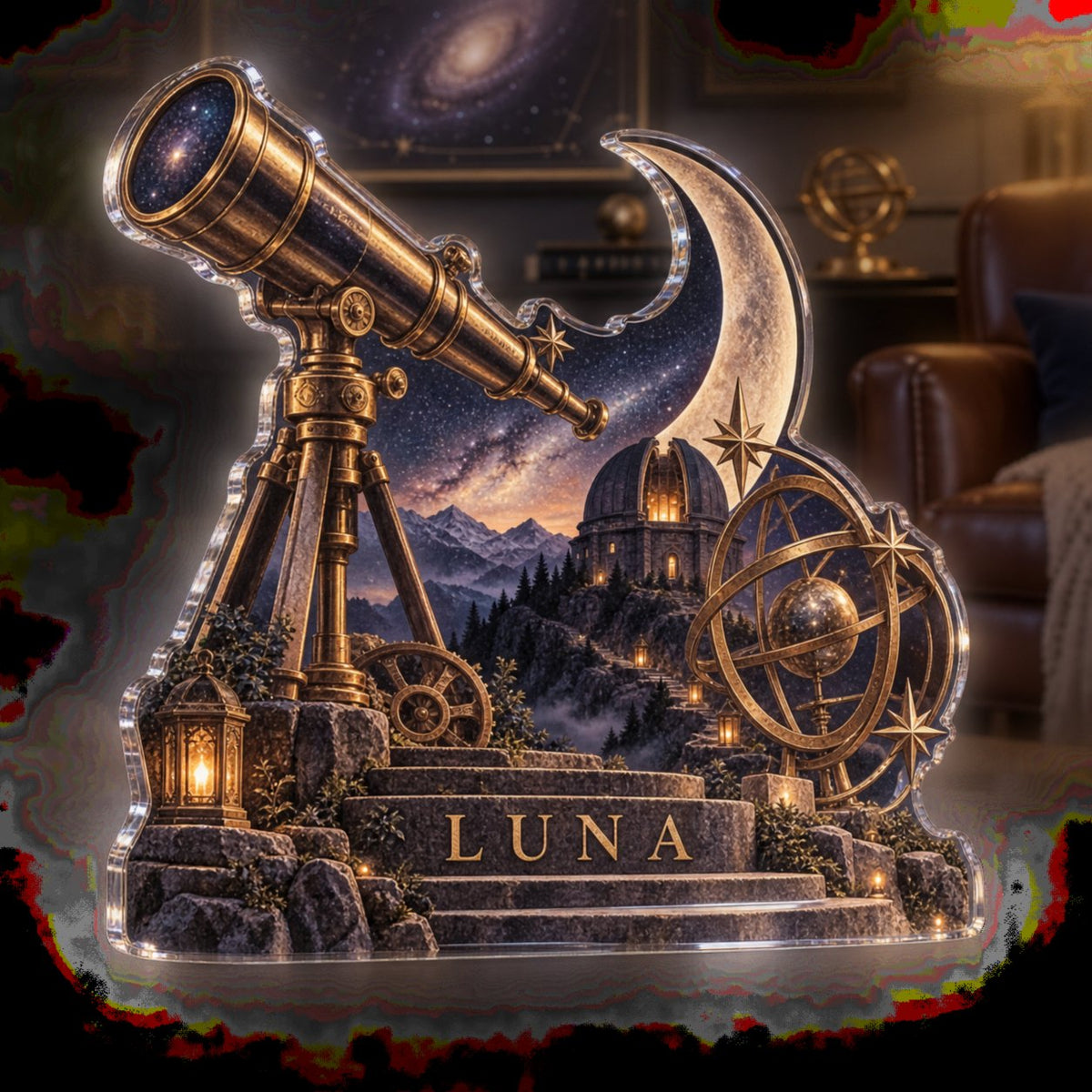 Personalized Ancient Observatory Living Room Focal Point custom shape acrylic plaque with an example name set into the artwork, digital preview