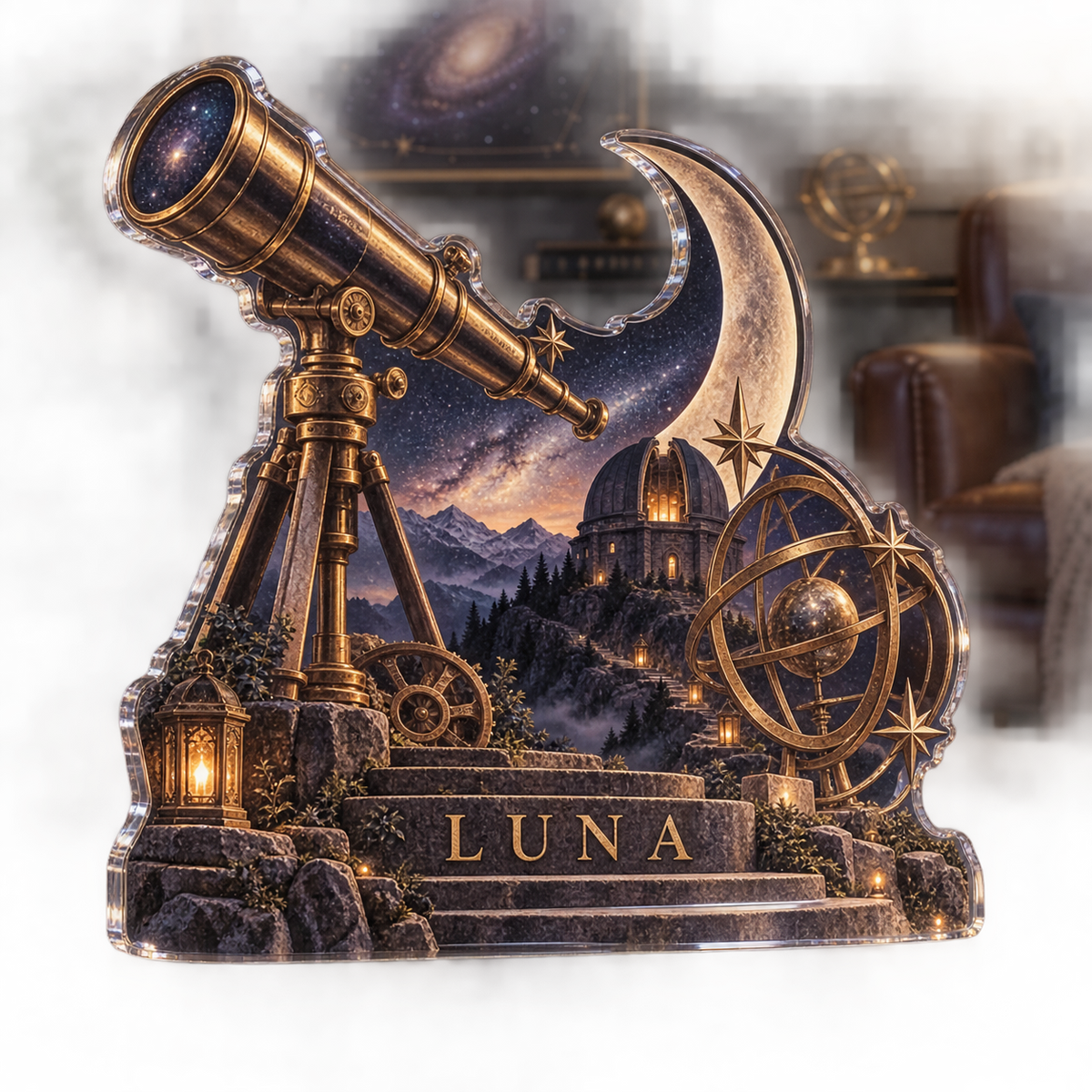 Artwork visualization: Ancient observatory — living room focal point, personalized LUNA, subject-shaped acrylic with printed optical 3D depth; not carved relief.