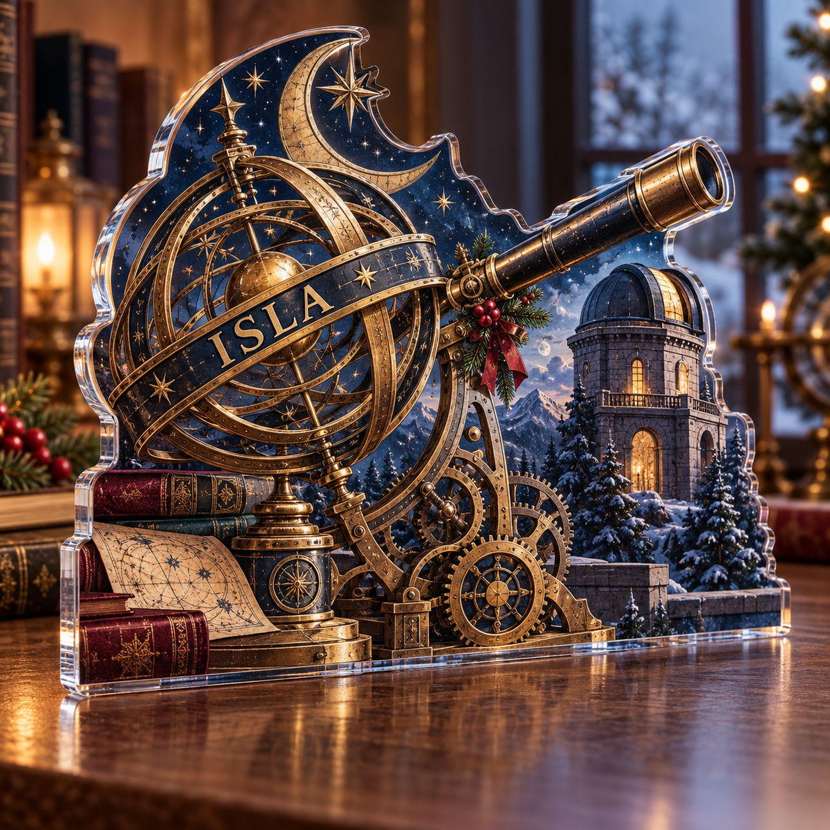 Artwork visualization: Ancient observatory — quiet corner decoration, personalized ISLA, subject-shaped acrylic with printed optical 3D depth; not carved relief.