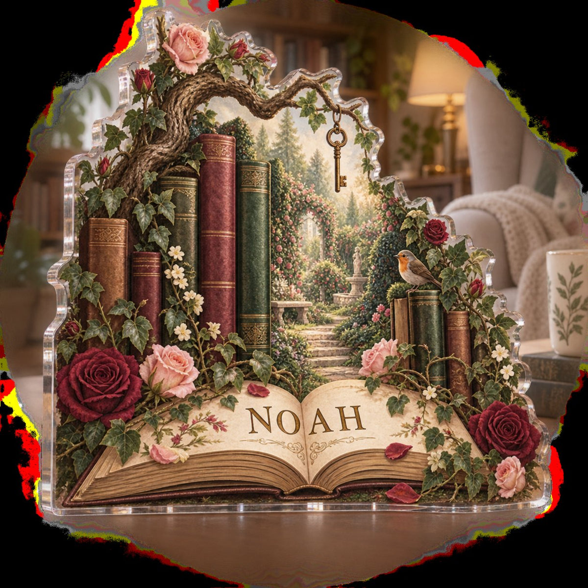 Personalized Secret Garden Library Living Room Focal Point custom shape acrylic plaque with an example name set into the artwork, digital preview