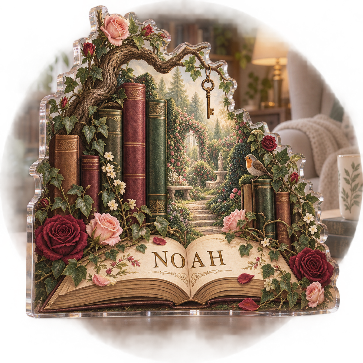 Artwork visualization: Secret garden library — living room focal point, personalized NOAH, subject-shaped acrylic with printed optical 3D depth; not carved relief.