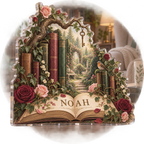 Artwork visualization: Secret garden library — living room focal point, personalized NOAH, subject-shaped acrylic with printed optical 3D depth; not carved relief.