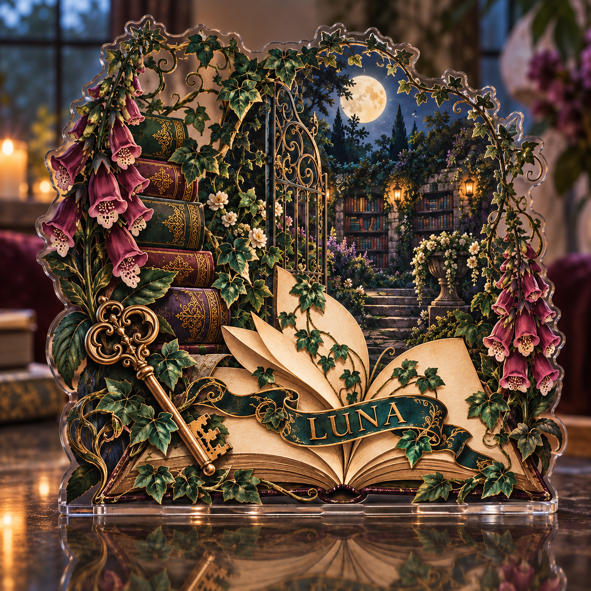 Artwork visualization: Secret garden library — quiet corner decoration, personalized LUNA, subject-shaped acrylic with printed optical 3D depth; not carved relief.