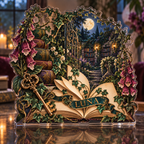 Artwork visualization: Secret garden library — quiet corner decoration, personalized LUNA, subject-shaped acrylic with printed optical 3D depth; not carved relief.