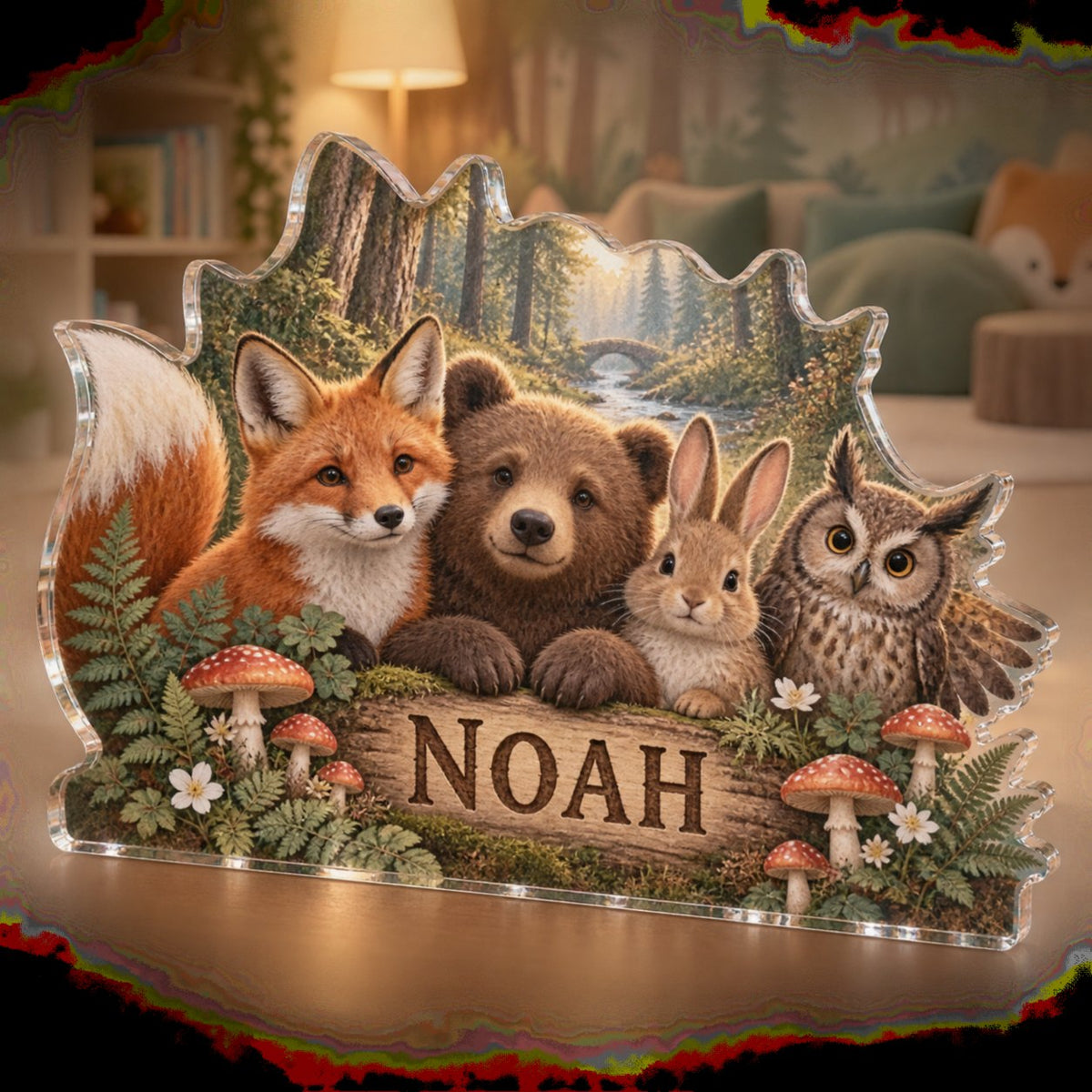 Personalized Woodland Animal Friends Playroom Story Corner custom shape acrylic plaque with an example name set into the artwork, digital preview