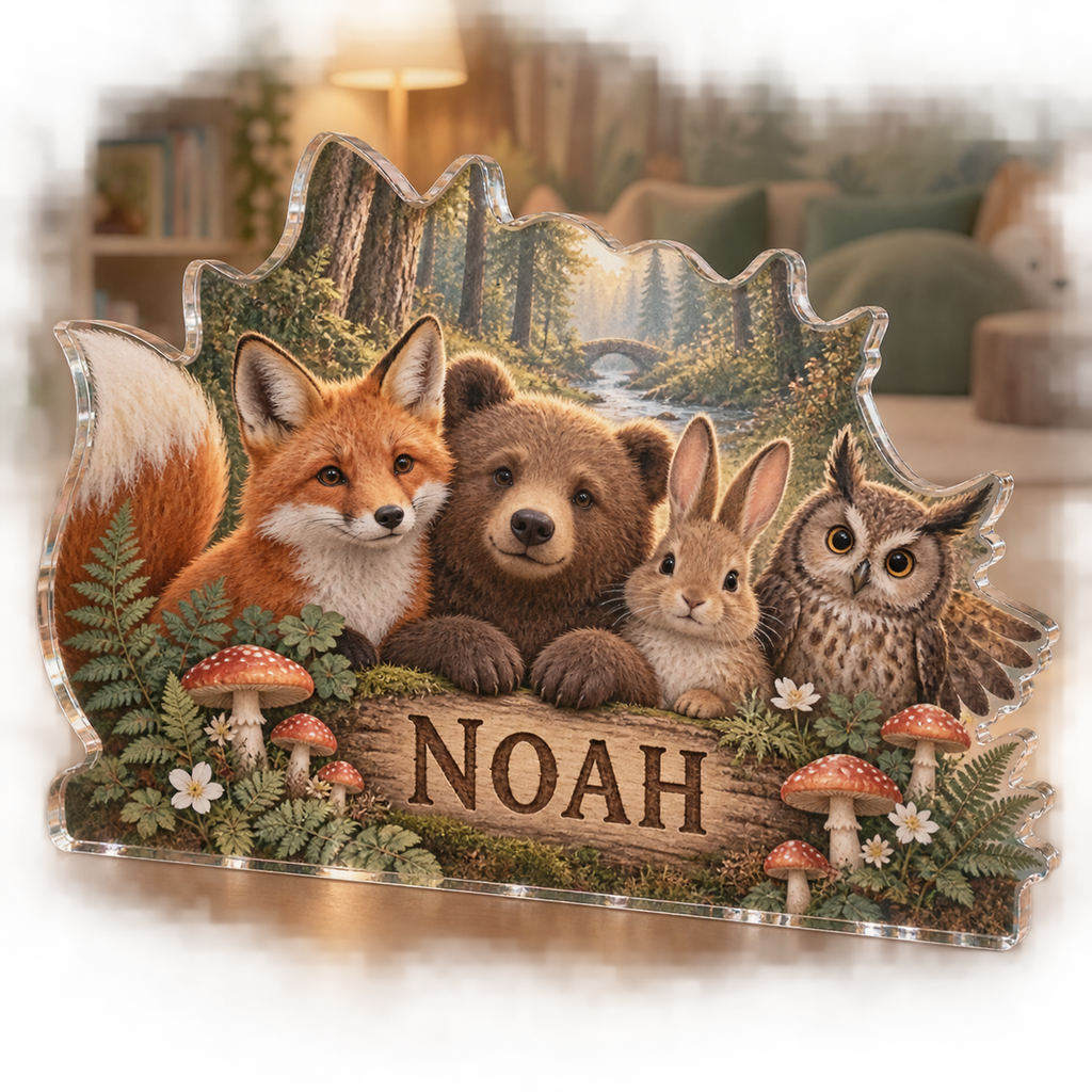 Artwork visualization: Woodland animal friends — playroom story corner, personalized NOAH, subject-shaped acrylic with printed optical 3D depth; not carved relief.