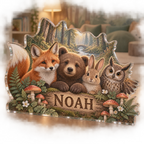 Artwork visualization: Woodland animal friends — playroom story corner, personalized NOAH, subject-shaped acrylic with printed optical 3D depth; not carved relief.