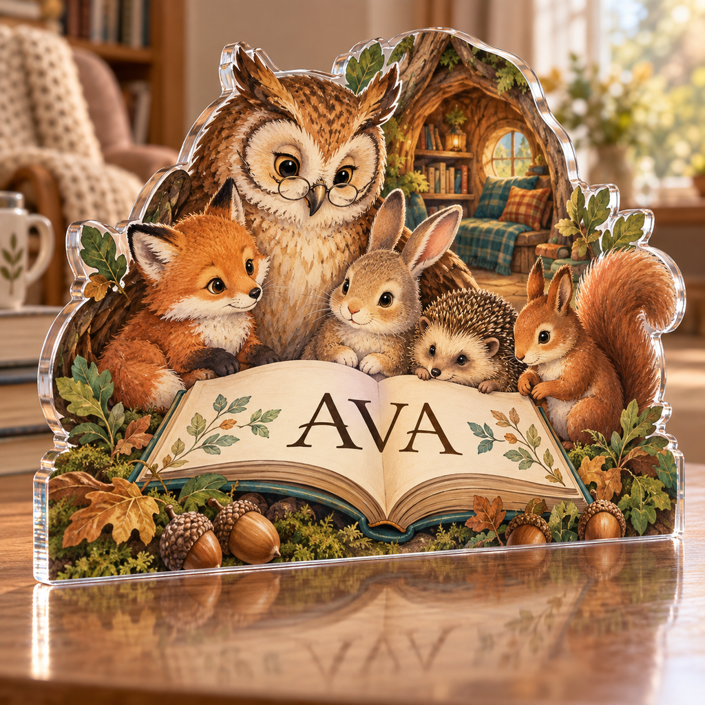Artwork visualization: Woodland animal friends — grandparent storytime corner, personalized AVA, subject-shaped acrylic with printed optical 3D depth; not carved relief.