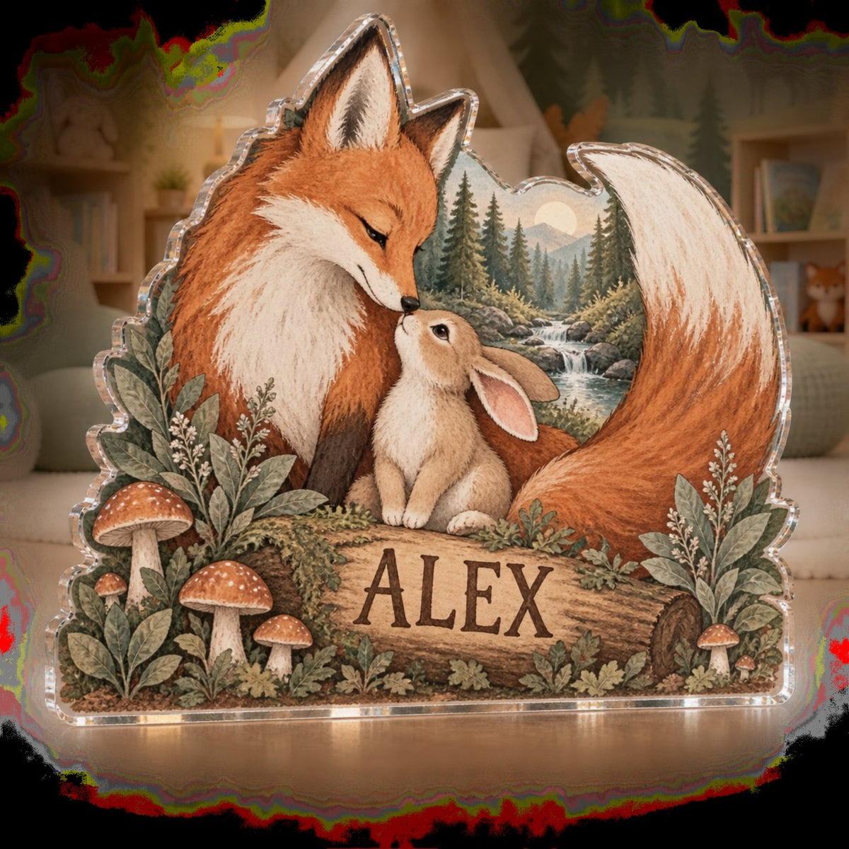 Personalized Sage Fox And Bunny Playroom Story Corner custom shape acrylic plaque with an example name set into the artwork, digital preview
