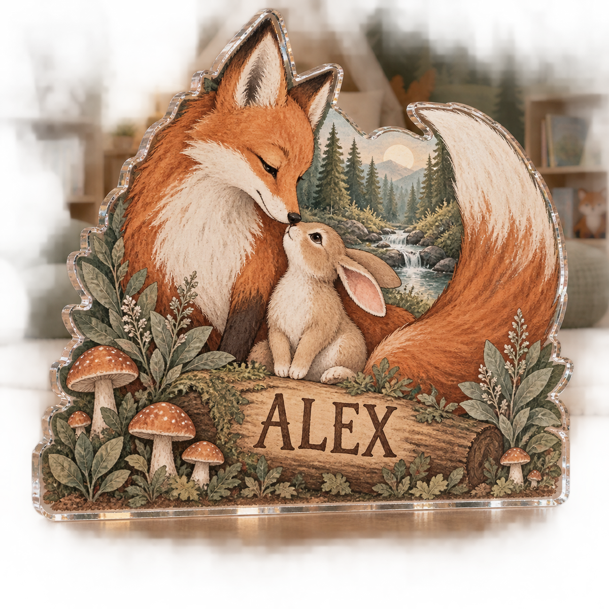 Artwork visualization: Sage fox and bunny — playroom story corner, personalized ALEX, subject-shaped acrylic with printed optical 3D depth; not carved relief.