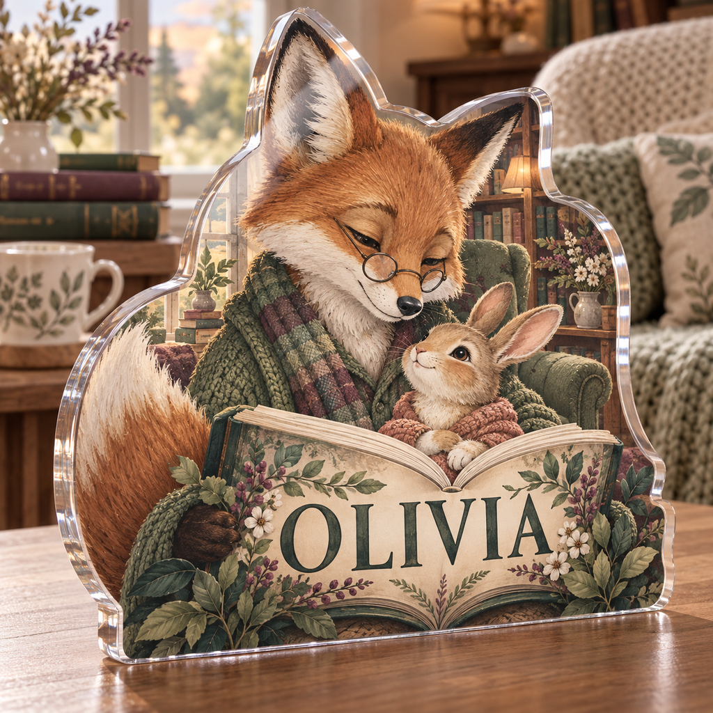Artwork visualization: Sage fox and bunny — grandparent storytime corner, personalized OLIVIA, subject-shaped acrylic with printed optical 3D depth; not carved relief.