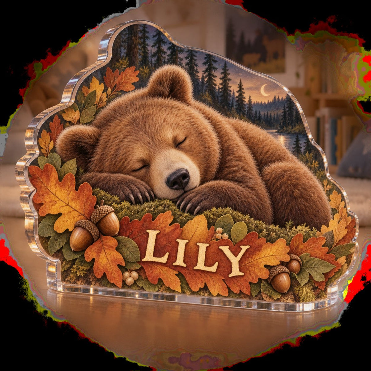 Personalized Sleeping Bear Leaves Playroom Story Corner custom shape acrylic plaque with an example name set into the artwork, digital preview