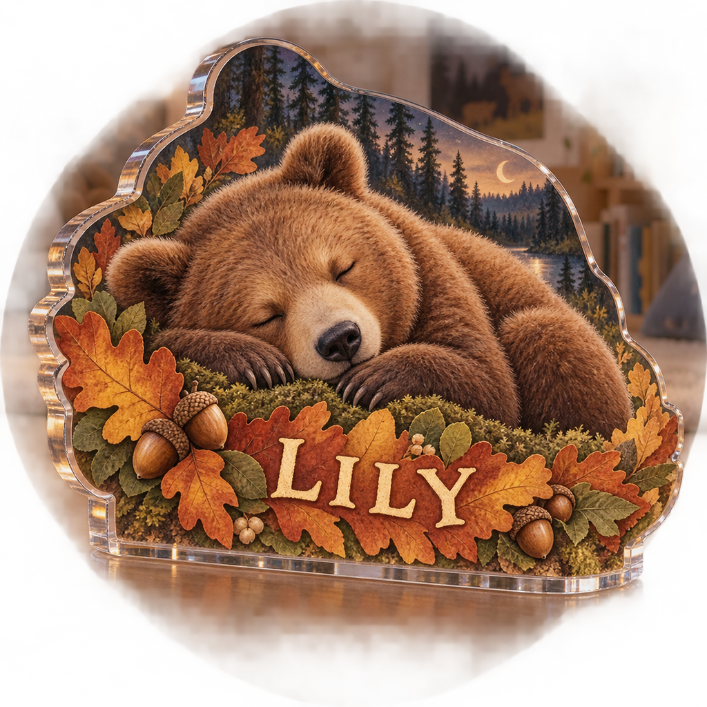 Artwork visualization: Sleeping bear leaves — playroom story corner, personalized LILY, subject-shaped acrylic with printed optical 3D depth; not carved relief.