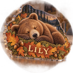 Artwork visualization: Sleeping bear leaves — playroom story corner, personalized LILY, subject-shaped acrylic with printed optical 3D depth; not carved relief.