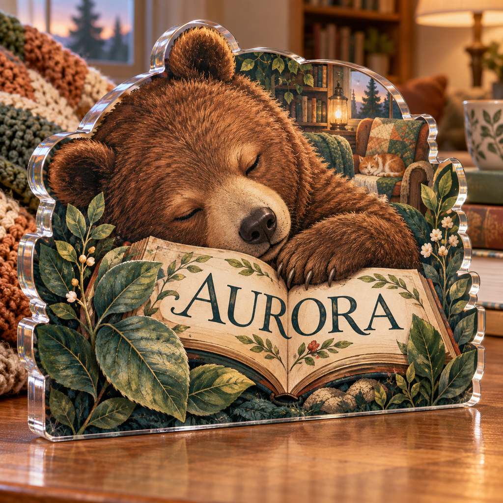 Artwork visualization: Sleeping bear leaves — grandparent storytime corner, personalized AURORA, subject-shaped acrylic with printed optical 3D depth; not carved relief.