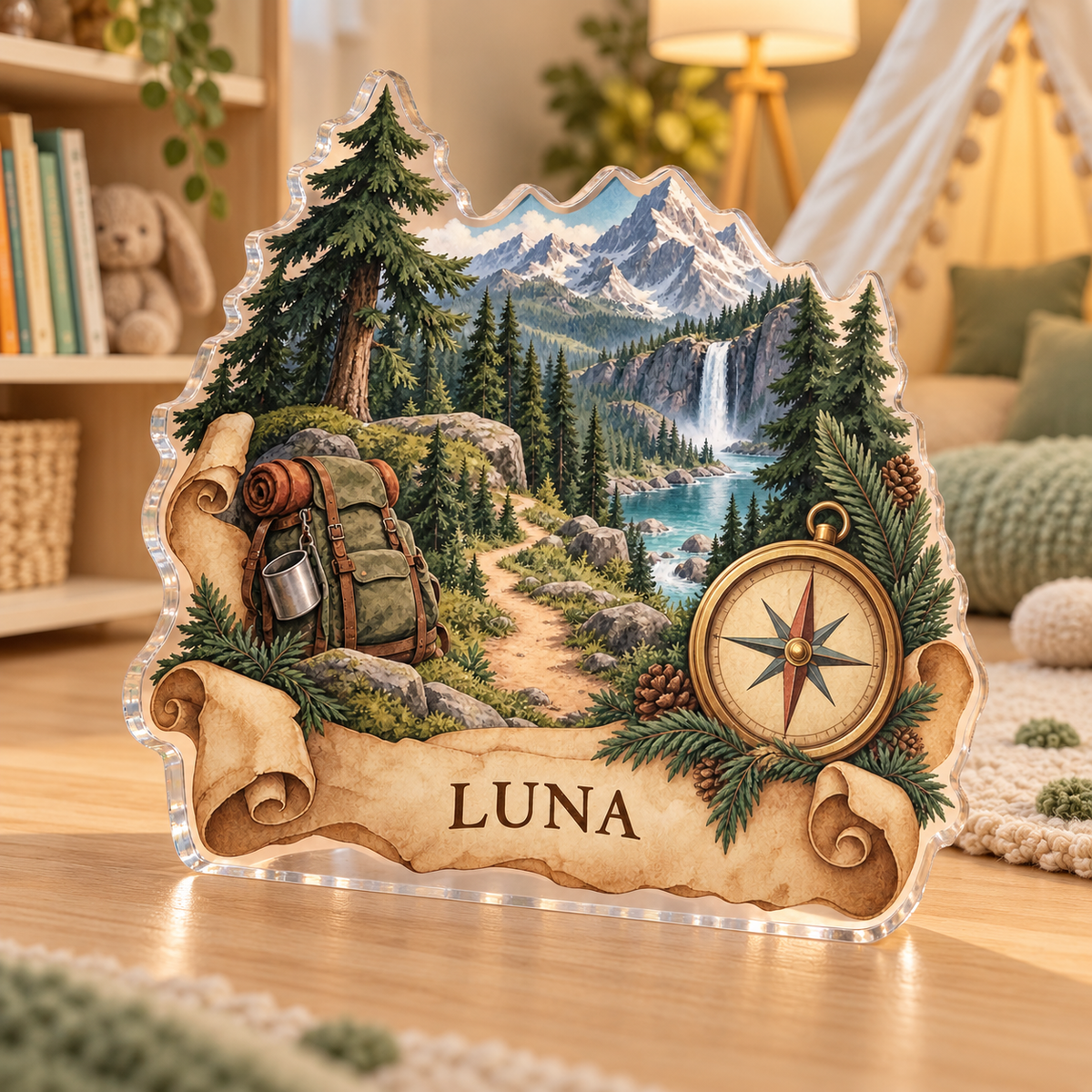 Artwork visualization: Forest adventure map — playroom story corner, personalized LUNA, subject-shaped acrylic with printed optical 3D depth; not carved relief.