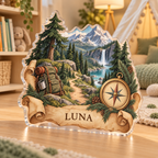 Artwork visualization: Forest adventure map — playroom story corner, personalized LUNA, subject-shaped acrylic with printed optical 3D depth; not carved relief.