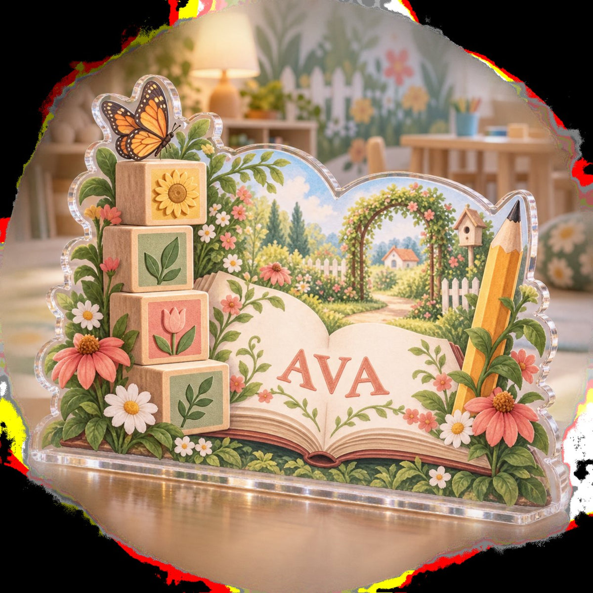 Personalized Alphabet Garden Playroom Story Corner custom shape acrylic plaque with an example name set into the artwork, digital preview